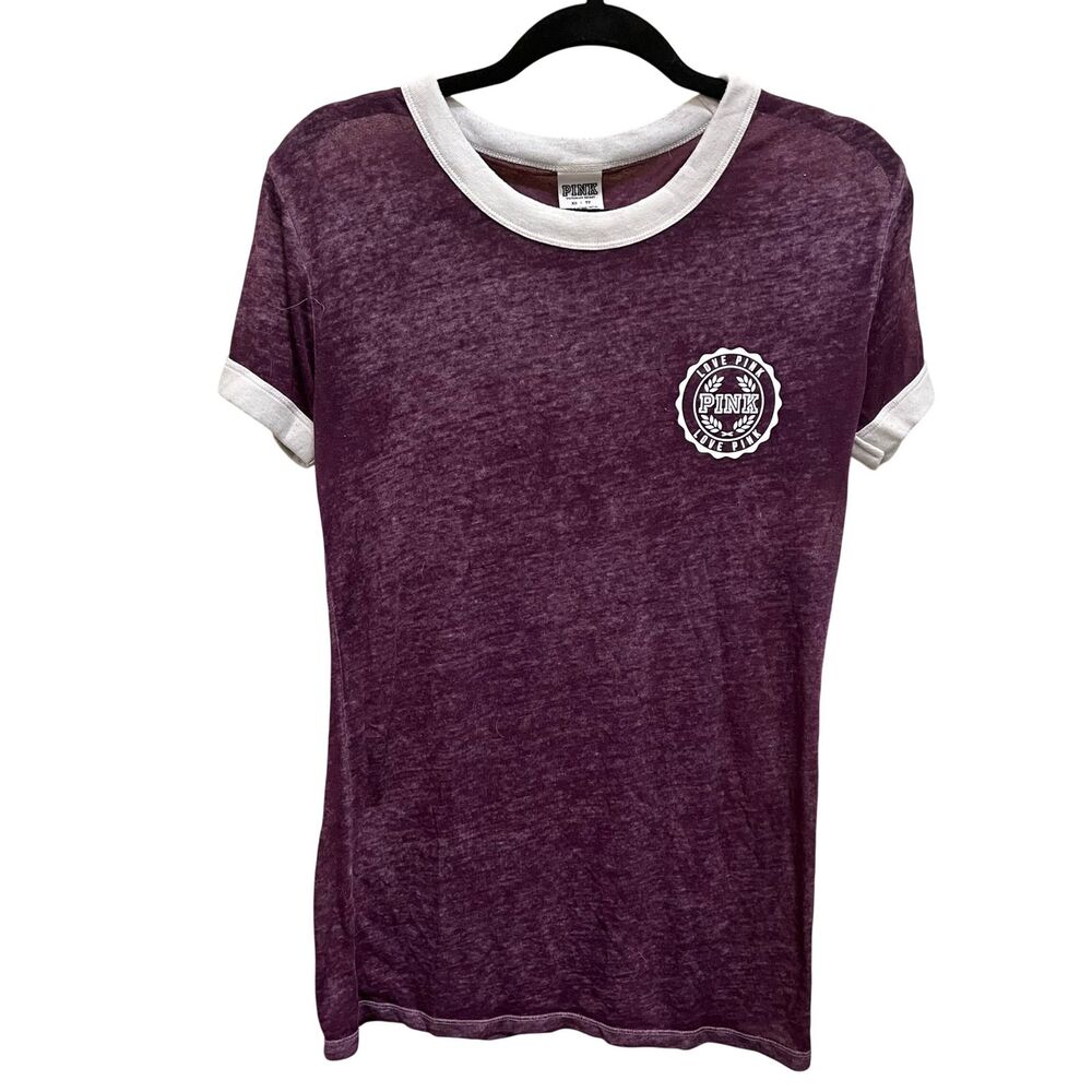 Victoria's Secret PINK Ringer T-Shirt Burnout Plum Purple White XS